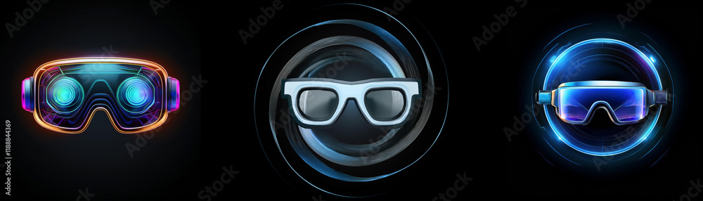 Aufkleber Three types of eyewear showcasing virtual reality, augmented reality, and mixed reality technologies.  Glowing designs on a dark background.