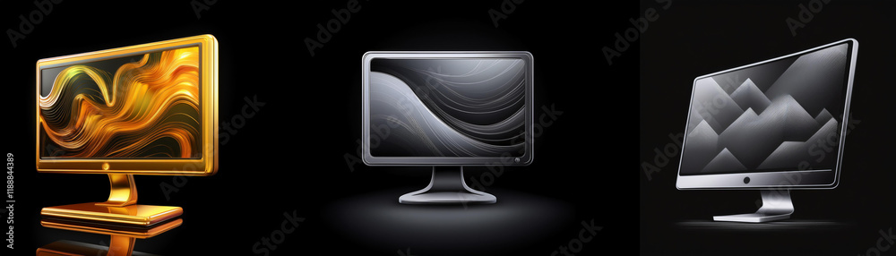 Poster three computer monitors display abstract designs; gold, silver, and gray color schemes on a black ba