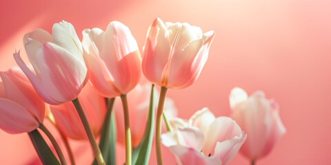 Obraz premium Beautiful pink tulips basking in soft sunlight against a warm coral background, creating an inviting atmosphere of springtime tranquility