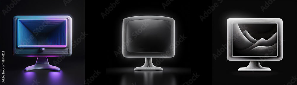 Leinwandbilder three glowing computer monitors on dark background. one displays a gradient, one is blank, and one s