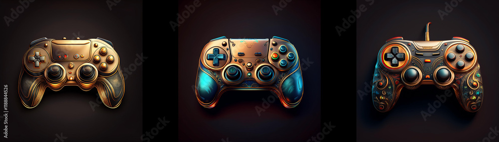 Poster Three metallic game controllers in gold, teal, and bronze hues are displayed against a dark background.  Each controller has a unique color scheme and texture.