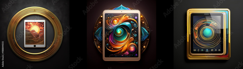Poster three digital art tablet displays with ornate golden frames. each showcases a unique vibrant cosmic 