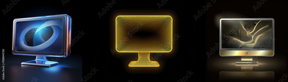 Leinwandbilder three glowing computer monitors showcase different abstract designs, one with a swirling pattern, a 