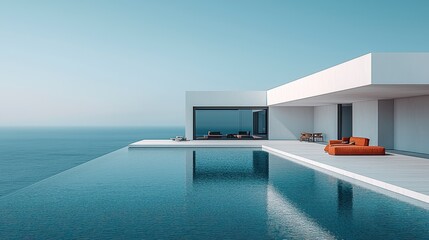 Modern minimalist house with infinity pool overlooking ocean.