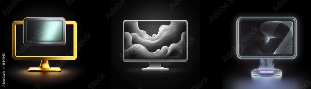 Fototapete three stylized computer monitors display abstract imagery: a dark screen, a cloudy landscape, and a 