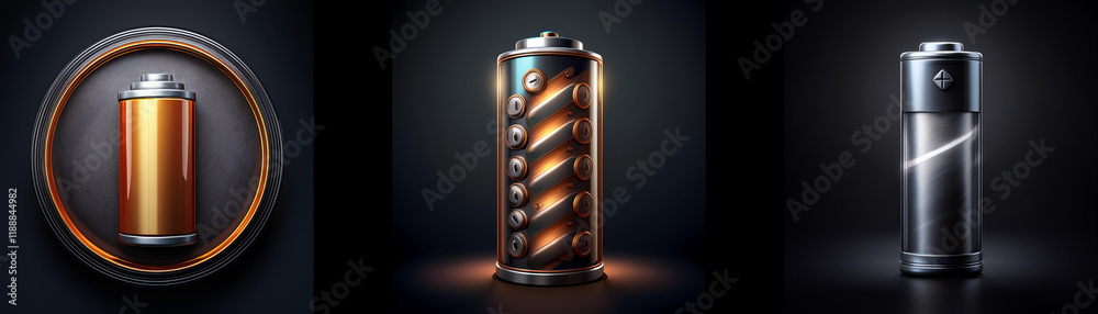 Poster Three cylindrical battery types are shown, each with a unique design and color scheme.  One is encased in a circular frame.  Power, energy, and storage are implied.