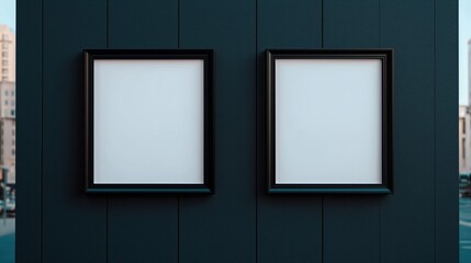 Two empty frames on dark teal building facade. Suitable for advertising artwork display. Modern urban structure. Blank space for poster, event promotion, artwork. Potential for city estate lifestyle