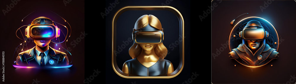 Poster three stylized avatars, each wearing a vr headset, are displayed against a dark background. the avat