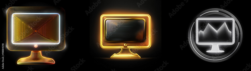 Aufkleber three glowing computer monitor icons; one shows a hallway, another is dark, and the third displays a