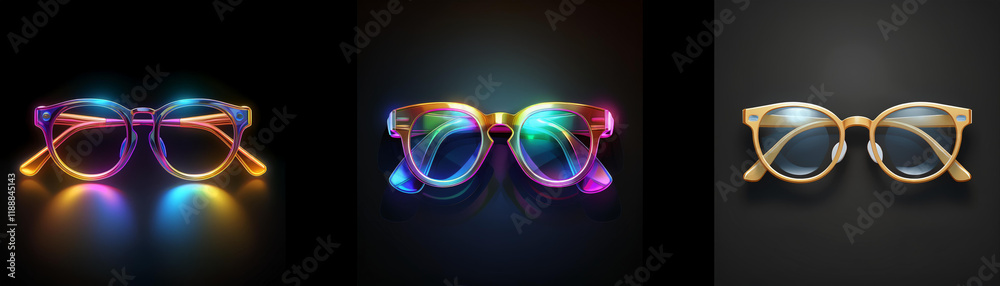 Aufkleber Three pairs of stylish eyeglasses are showcased against a dark background.  Each pair features a unique color scheme and glow, creating a vibrant and modern aesthetic.