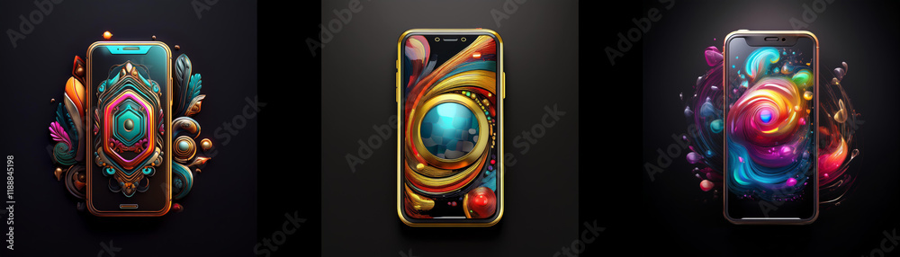 Poster three smartphones displayed, each showcasing unique abstract art designs with vibrant colors and int