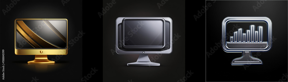 Aufkleber Three stylized computer monitor icons in gold, silver, and dark gray, displayed against a black background.  Each showcases a different visual style.