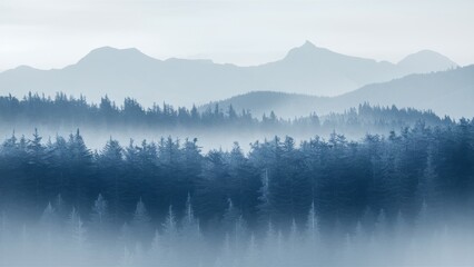 Misty mountain landscape, layered blue ridges, foggy forest silhouettes, ethereal atmosphere, tranquil nature scene, hazy horizon, morning mist, evergreen trees, peaceful wilderness, monochromatic col