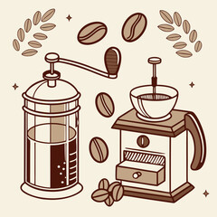 Vintage Coffee Grinder and French Press Illustration