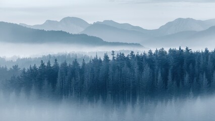 Fototapeta premium Misty mountain landscape, layered blue ridges, foggy forest silhouettes, ethereal atmosphere, tranquil nature scene, hazy horizon, morning mist, evergreen trees, peaceful wilderness, monochromatic col