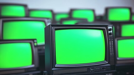 Vintage old televisions with chroma key green screen