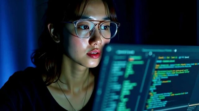 Portrait of an Asian female digital entrepreneur working on a computer, with a line of code projected on her face and reflecting. A software developer creating an innovative e-commerce app using AI an