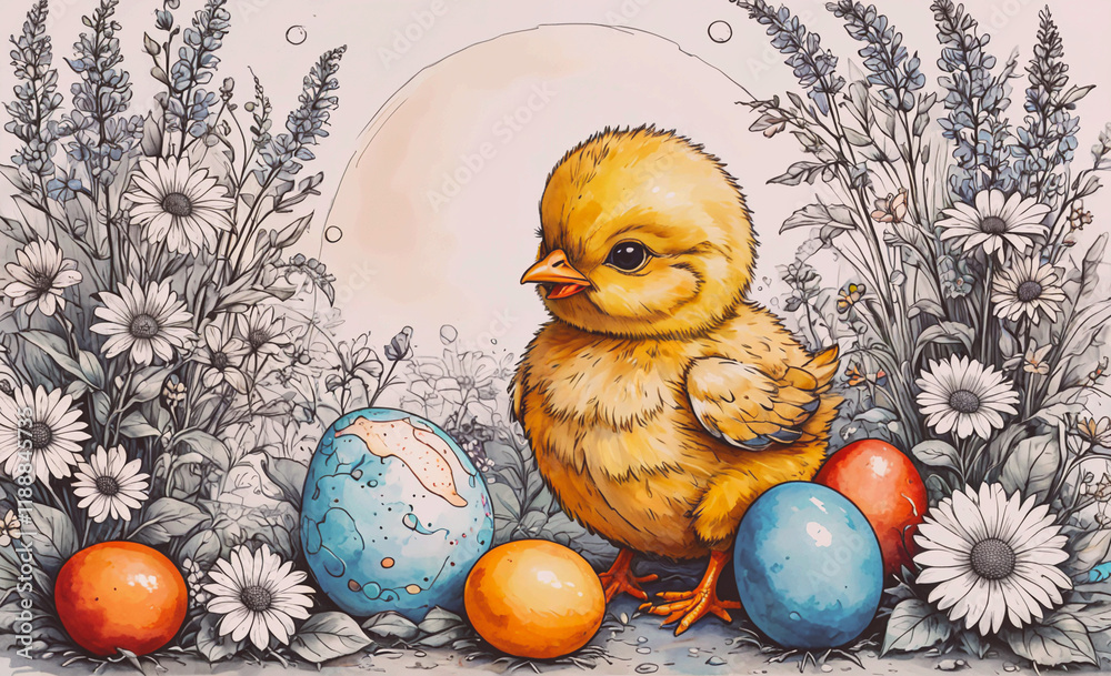 Poster yellow chick standing in front of a bunch of eggs. the eggs are in different colors and sizes