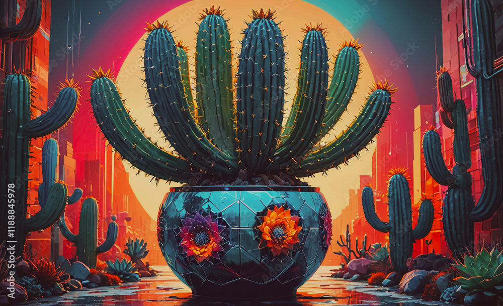 Poster cactus is in a blue vase with flowers. there are other cacti in the background