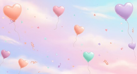 Pastel heart balloons, celebration party, birthday, romantic love.