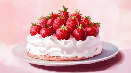 Strawberries, meringue cake, vegetarian cake, low fat dessert illustration