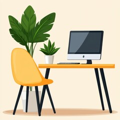 Modern Home Office Setup: Desk, Chair, Plants, and Computer