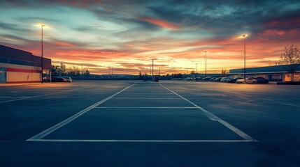 Obraz premium The scene captures a tranquil and serene view of an empty parking lot located beside a large supermarket, beautifully illuminated by soft colors from the sunset and the warm glow of street lights