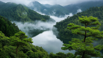 Breathtaking mountain landscape with misty lake view