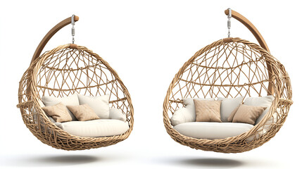 Obraz premium Wicker swing chair for garden isolated on white with pillow , Minimal style modern contemporary loft terrace decorated with rattan egg shaped swing chair , Wicker swing chair for garden 