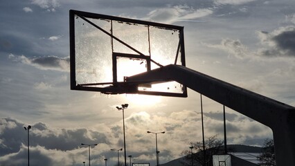 basket fields nets in sunset after rain