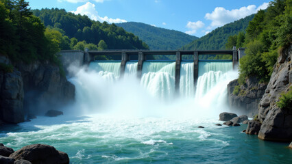 Fototapeta premium Powerful waterfall cascading over rock face at hydroelectric dam site.