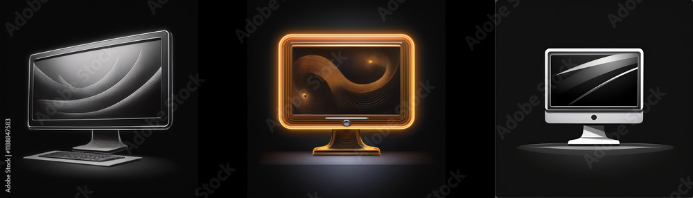 Poster three sleek computer monitors display abstract art, showcasing variations in color and style against