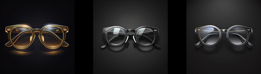 Fototapeta premium Three pairs of round sunglasses, gold, black, and silver, displayed against a dark background. Stylish and sleek eyewear collection.