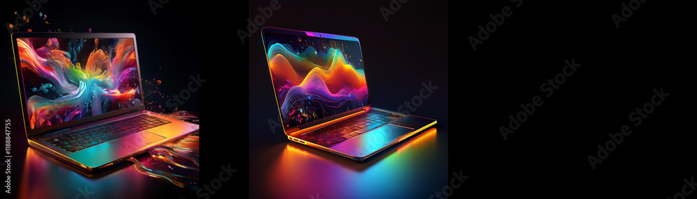 Leinwandbilder Two laptops display vibrant, abstract colorful designs, illuminated with glowing edges.  The dark background emphasizes the screens' dynamic visuals.