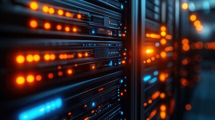 Modern data center server racks illuminated with vibrant orange, blue lights. Tech infrastructure highlighted. High-tech equipment in secure environment. Advanced server technology. Digital
