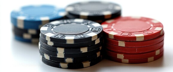 Close-up of stacks of red, black, and blue poker chips.
