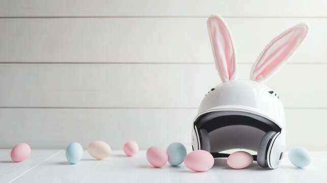 Creative easter bunny ears peeking from a baseball helmet with pastel eggs for festive decor and spring celebration.