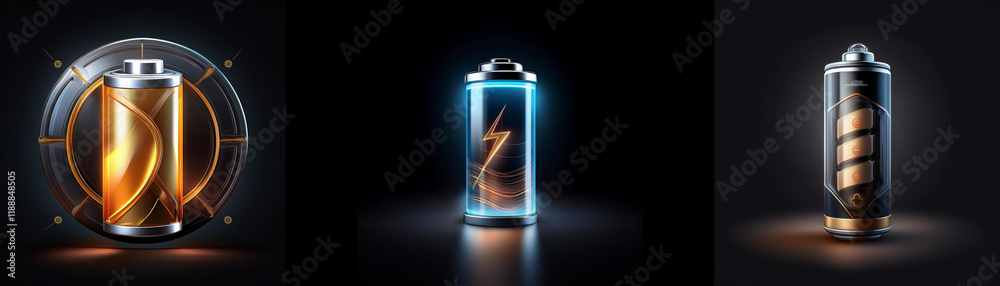 Poster three battery illustrations showcase different energy levels and designs, emphasizing power and tech
