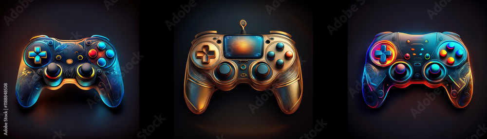 Poster Three vibrant game controllers, glowing with color, showcase advanced gaming technology.  Each controller displays unique design and color scheme.