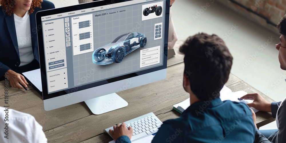 Poster electric car design software on computer screen showing simulation blueprint brisk by digital calcul