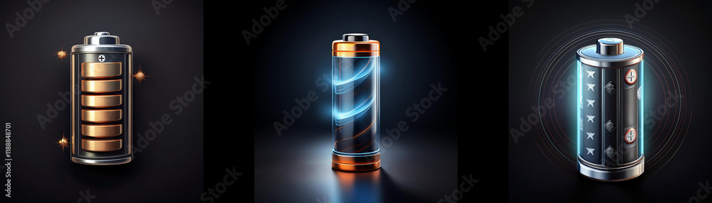 Poster three cylindrical batteries with varying designs and energy visualizations are shown against a dark 