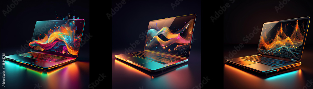 Poster three laptops showcase vibrant, abstract designs on their screens, illuminated by colorful, ambient 