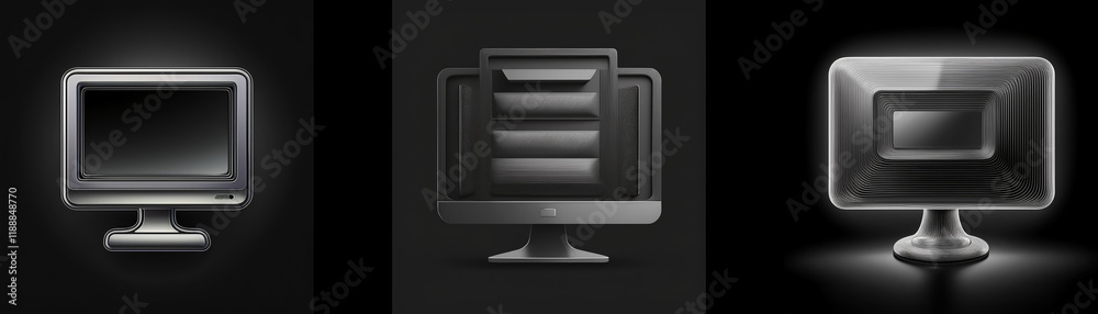 Poster Three grayscale monitor icons on a dark background.  One shows a blank screen, another shows stacked documents, and the third shows a smaller inset screen.