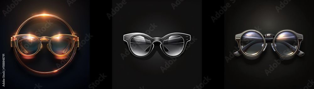 Aufkleber stylish eyewear showcased in a dark setting, highlighting different frame styles and lens reflection