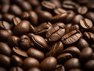 Fototapeta premium image of roasted coffee beans with a shallow depth of field, focusing on a single bean prominently placed in the center foreground.