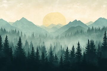 Fototapeta premium Misty mountains and evergreen forest at sunrise. Perfect for travel, nature, and serenity themes.