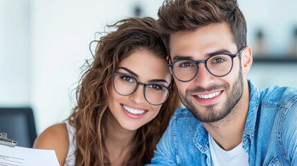 Happy young couple smiles brightly, wearing glasses.  Positive vibes!