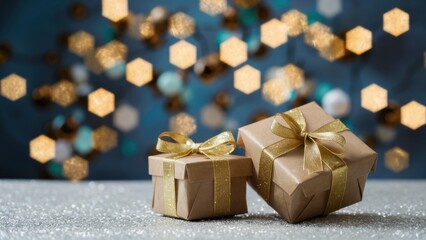Christmas gifts, golden bows, bokeh lights background, festive atmosphere, glitter surface, soft focus, warm glow, holiday season, elegant presentation, shallow depth of field, cozy ambiance, luxuriou