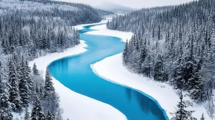 Fototapete Serene winter river snaking through snowy forest landscape. © SerPak
