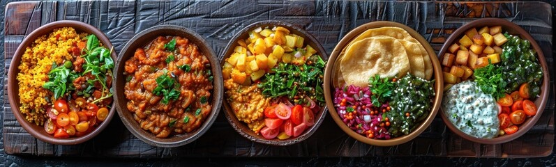 Several bowls of food are lined up on a wooden tray, food background, banner